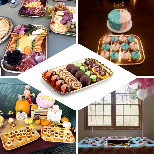 10 Pack | 15inch x 11inch Gold Paper Cardboard Serving Trays, Rectangle Party Platters - 400 GSM