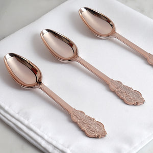 24 Pack - 7inch Metallic Rose Gold Baroque Style Heavy Duty Plastic Spoons