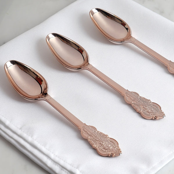 24 Pack - 7" Metallic Rose Gold Baroque Style Heavy Duty Plastic Spoons