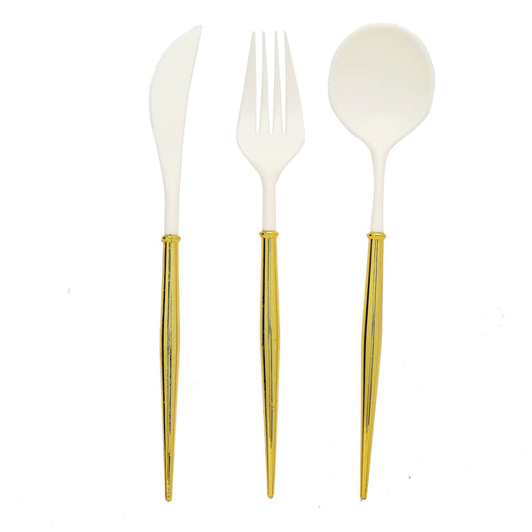 8Inch Ivory Modern Flatware Set, Heavy Duty Plastic Silverware, Gold Handle