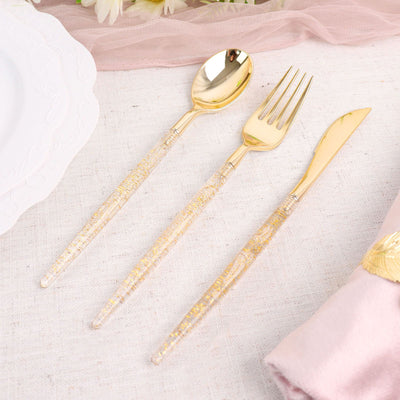 24 Pack | 8inch Gold Glittered Disposable Cutlery Set, Plastic Silverware