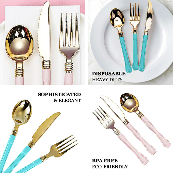 24 Pack | 7.5" Gold Heavy Duty Plastic Knives with Blue Handle | Plastic Silverware
