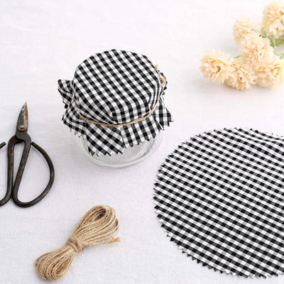 6inch Black/White Checkered Jam Jar Covers with Jute String - Scalloped Edge