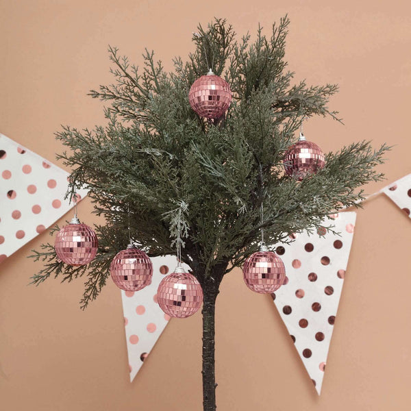 6 Pcs | 2" Rose Gold Glass Disco Mirror Ball with Hanging String | Christmas Ornaments