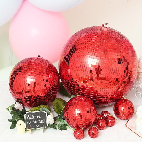 6 Pcs | 2" Red Glass Disco Mirror Ball with Hanging String | Christmas Ornaments