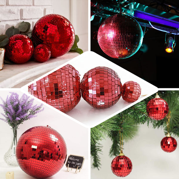 6 Pcs | 2" Red Glass Disco Mirror Ball with Hanging String | Christmas Ornaments - Clearance SALE
