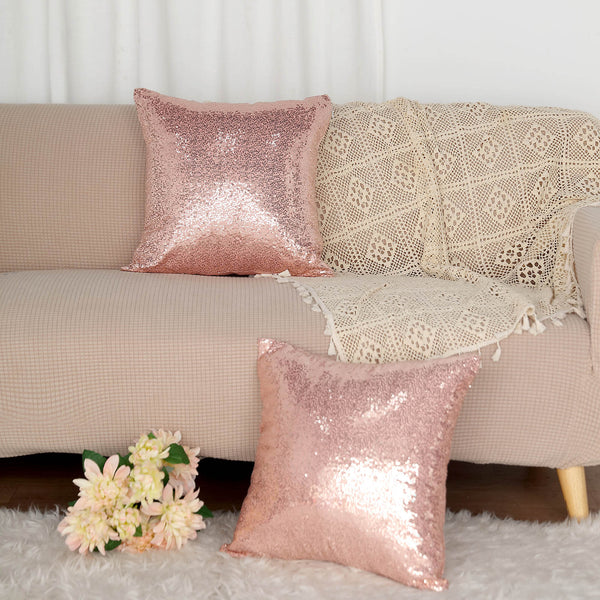 2 Pack | 18"x18" Sequin Throw Pillow Cover, Decorative Cushion Case - Square Rose Gold/Blush Sequin