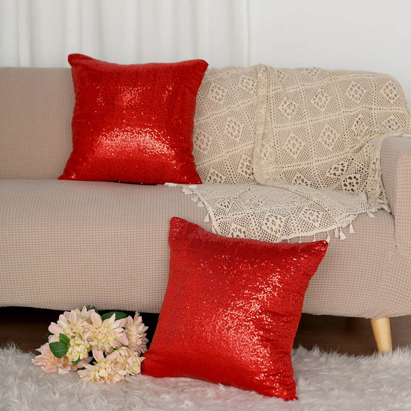 2 Pack | 18"x18" Sequin Throw Pillow Cover, Decorative Cushion Case - Square Red Sequin