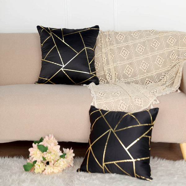 2 Pack | 18"x18" Satin Throw Pillow Cover Decorative Cushion Case - Square - Lamour Satin Black/Gold Foil Print