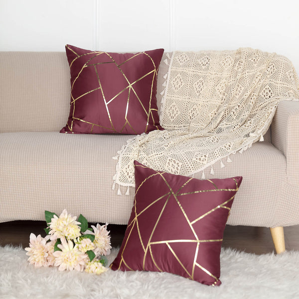 2 Pack | 18"x18" Satin Throw Pillow Cover Decorative Cushion Case - Square - Lamour Satin Burgundy/Gold Foil Print