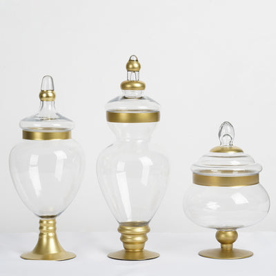 Set of 3 Gold Trimmed Glass Apothecary Candy Jars With Lids -10"/14"/16"