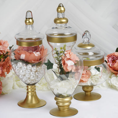 Set of 3 Gold Trimmed Glass Apothecary Candy Jars With Lids -10"/14"/16"