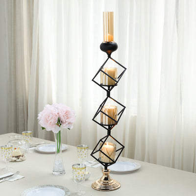 Metal Votive Candle Holder with Amber Glass Tube | 28" | Gold/Black | 3 Tiers | Stacked 3-D Cube Design