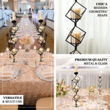Geometric Candle Holders Wholesale with Amber Glass Votives | 28" | Metallic Gold & Black | 3 Tiers Stacked Design
