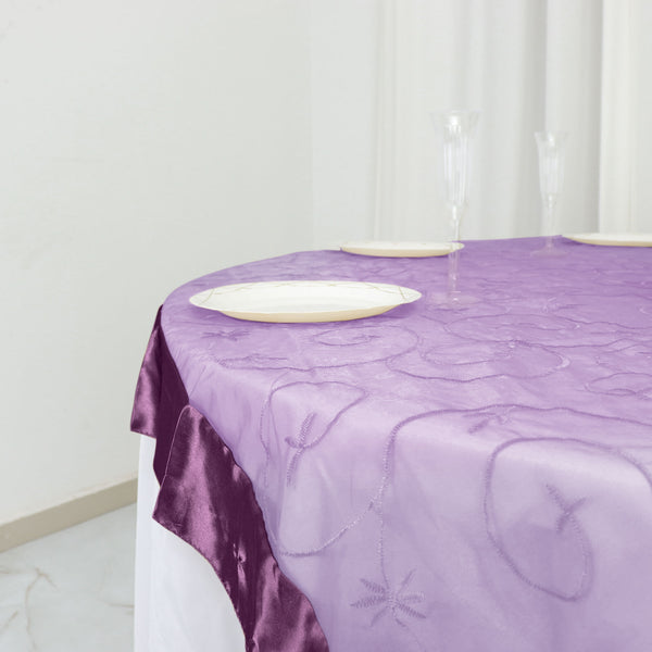60"x60" Eggplant Satin Edge Embroidered Sheer Organza Square Table Overlay