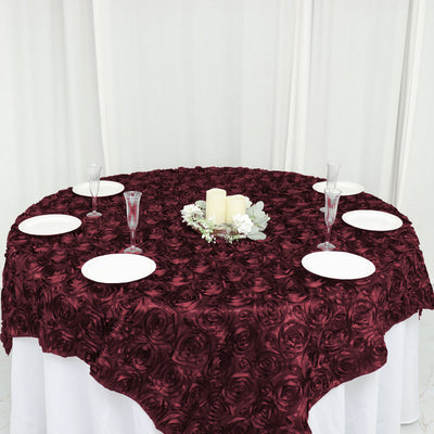 72 Inch x 72 Inch | Burgundy 3D Rosette Satin Square Overlay