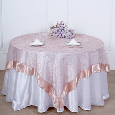 72 inch x 72 inch Dusty Rose Satin Edge Embroidered Sheer Organza Square Table Overlay#whtbkgd