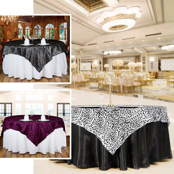 72" x 72" | Black/White Taffeta Leopard Print Square Tablecloth | Jungle Theme Party Decoration