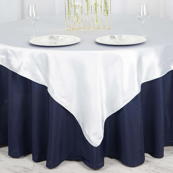 72" x 72" White Seamless Satin Square Tablecloth Overlay#whtbkgd