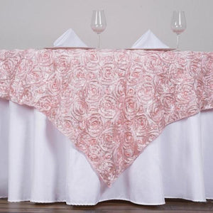 85 Inch x 85 Inch | Rose Gold | Blush 3D Rosette Satin Square Overlay | TableclothsFactory