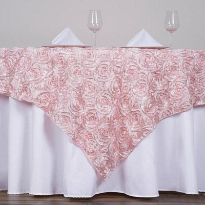 85 Inch x 85 Inch | Rose Gold | Blush 3D Rosette Satin Square Overlay | TableclothsFactory