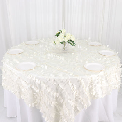 90inch x 90inch Ivory Leaf Petal Taffeta Table Overlay, Square Tablecloth Topper