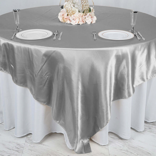 90" x 90" Silver Seamless Satin Square Tablecloth Overlay