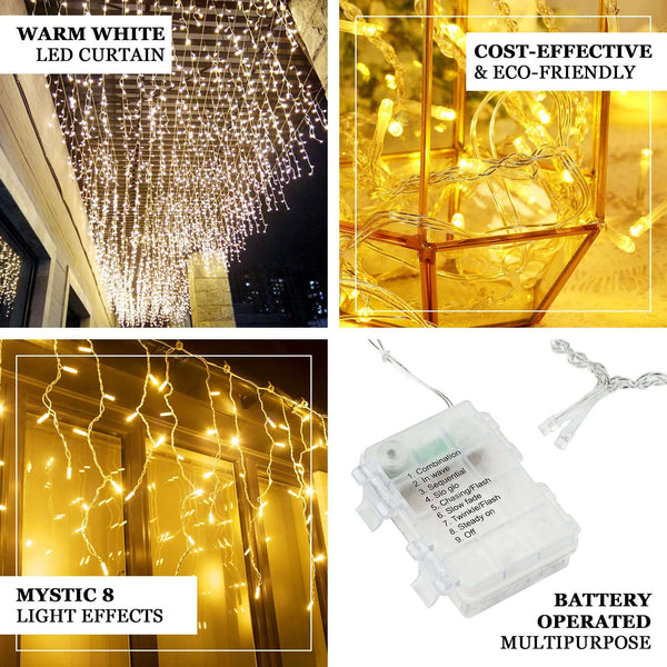 Warm White 96 LED Curtain Lights, Battery Operated Fairy String Lights - 8 Mode Sequence