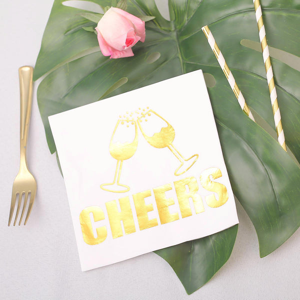 20 Pack | 3 Ply Metallic Gold Paper Dinner Napkins | Wedding Cocktail Napkins - Champagne Glass Toast with Cheers