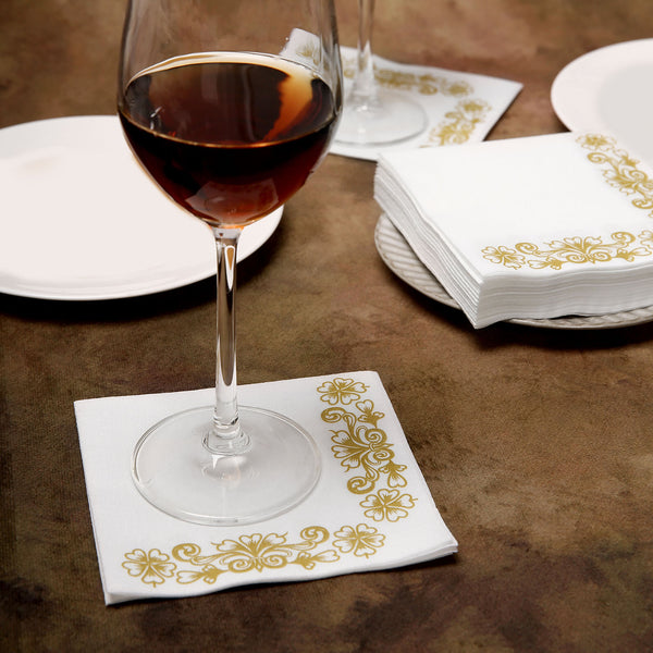 White Airlaid Paper Cocktail Napkins, Soft Linen-Feel Napkin With Gold Floral Design