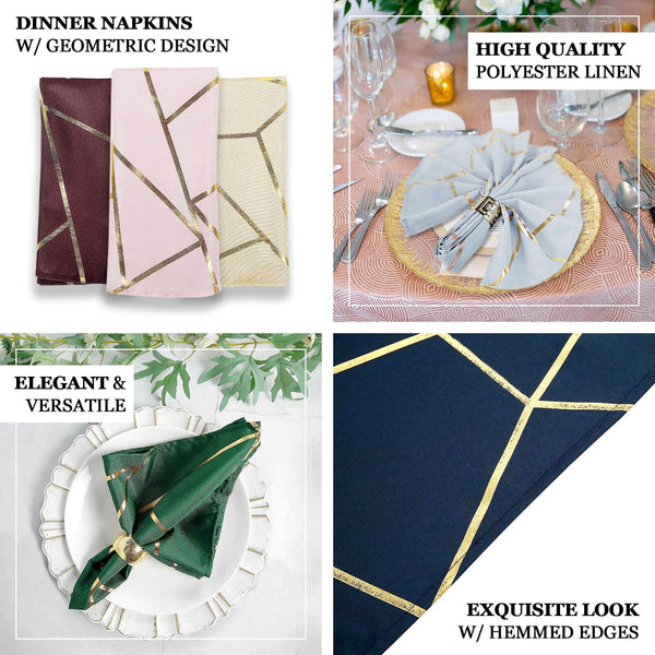5 Pack | 20x20Inch Modern Polyester Linen Dinner Napkins With Gold Foil Geometric Pattern