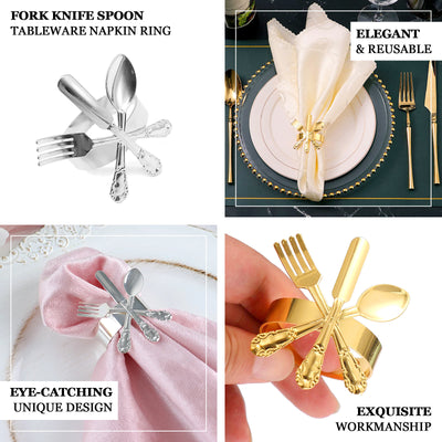 4 Pack | Gold Metal Fork Knife Spoon Design Napkin Rings