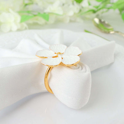 4 Pack | White & Gold Metal Flower Napkin Rings, Floral Serviette Buckle Napkin Holder Set