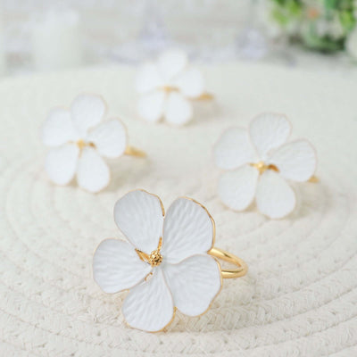 4 Pack | White & Gold Metal Flower Napkin Rings, Floral Serviette Buckle Napkin Holder Set