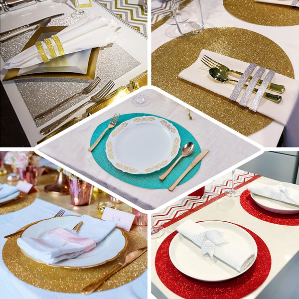 6 Pack Placemats, Aqua Dining Table Mats, Oval Faux Leather Glitter Placemat - 12 inch x 16 inch