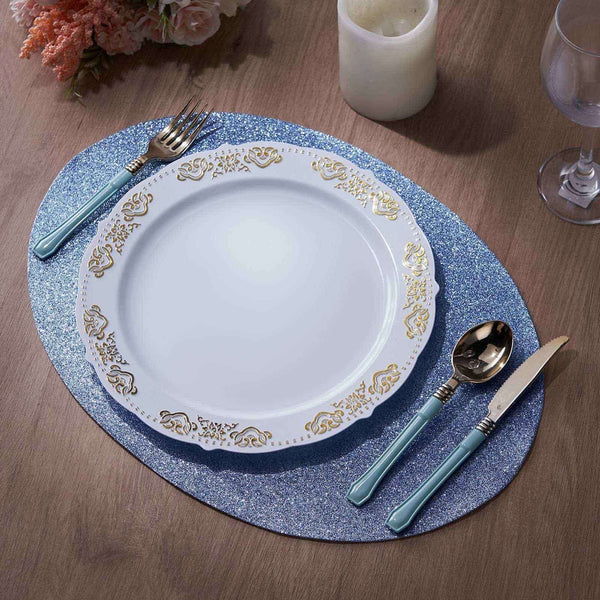 6 Pack Placemats, Dusty Blue Dining Table Mats, Oval Faux Leather Glitter Placemat