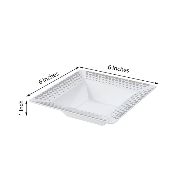 10 Pack 5oz White Square Plastic Bowls, Mini Disposable Dessert Bowls, Silver Polka Dots Rim