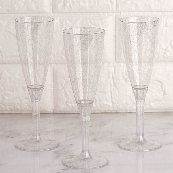 Plastic Champagne Flutes Disposable | 4 oz | 12 Pack | 2-Piece | Silver Glitter Sprinkled | Imperial Collection | Detachable Base