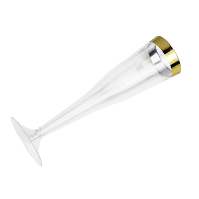 12 Pack 6oz Gold Rimmed Plastic Champagne Glasses Disposable Flutes - Hollow Stem Detachable Base