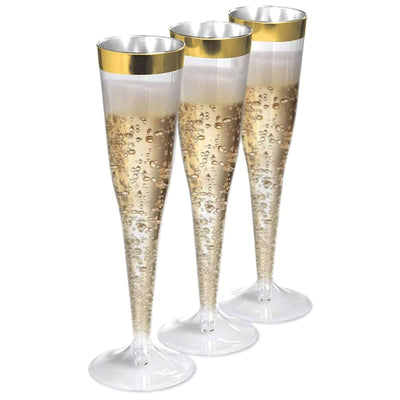 12 Pack 6oz Gold Rimmed Plastic Champagne Glasses Disposable Flutes - Hollow Stem Detachable Base