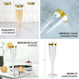 12 Pack 6oz Gold Rimmed Plastic Champagne Glasses Disposable Flutes - Hollow Stem Detachable Base