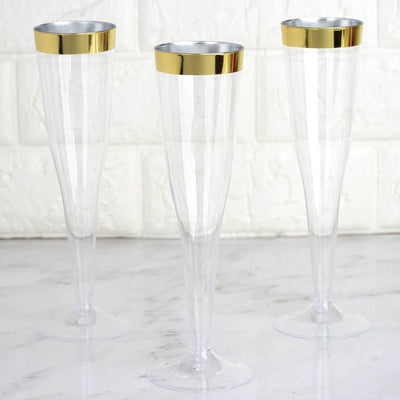 12 Pack 6oz Gold Rimmed Plastic Champagne Glasses Disposable Flutes - Hollow Stem Detachable Base