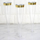 12 Pack 6oz Gold Rimmed Plastic Champagne Glasses Disposable Flutes - Hollow Stem Detachable Base