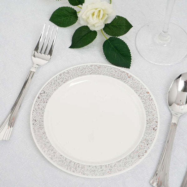 10 Pack 6" White Round Disposable Plastic Salad Dessert Plates With Silver Lace Rim
