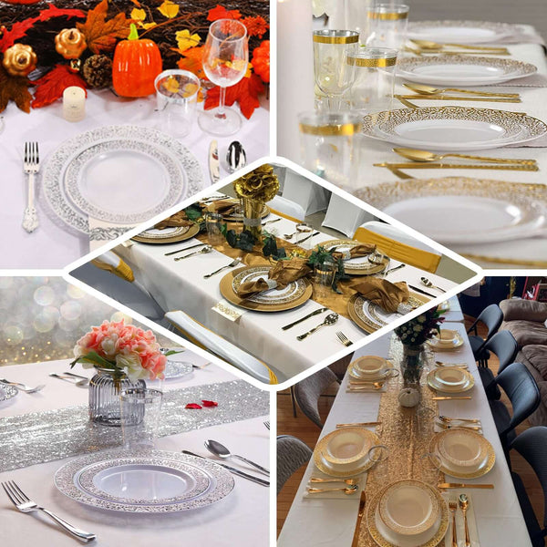 10 Pack | 10" White Round Disposable Plastic Dinner Plates With Silver Lace Design Rim