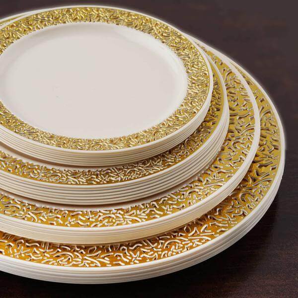 6inch Ivory Plastic Disposable Salad Dessert Appetizer Plates Round With Gold Lace Design Rim