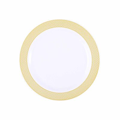 Gold/White Rim Plastic Disposable Salad Dessert Plates - Round Appetizer Plates With Gold Diamond