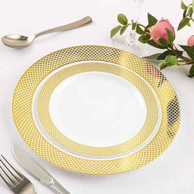 Gold/White Rim Plastic Disposable Salad Dessert Plates - Round Appetizer Plates With Gold Diamond