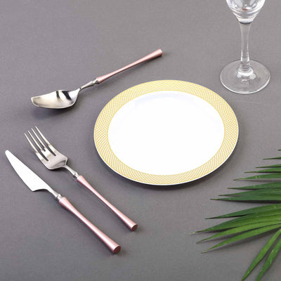 Gold/White Rim Plastic Disposable Salad Dessert Plates - Round Appetizer Plates With Gold Diamond