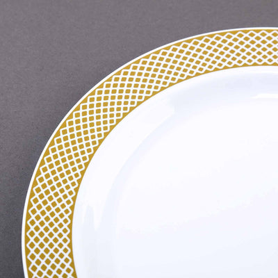 Gold/White Rim Plastic Disposable Salad Dessert Plates - Round Appetizer Plates With Gold Diamond#whtbkgd